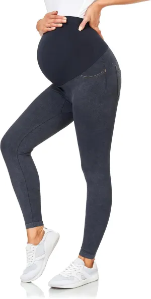 HOFISH Maternity Denim Leggings Over The Belly Seamless Faux Jeans Comfy Pregnancy Stretch Active Pants with Pockets