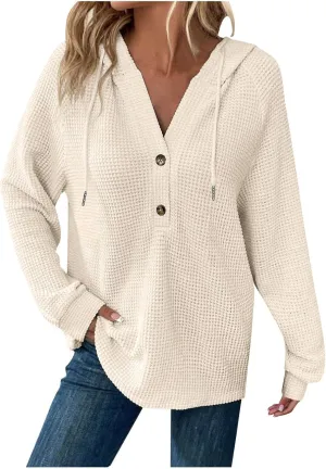 Hoodies for Women Waffle Knit Drawstring Button V Neck Long Sleeve Sweatshirt, Oversized Sweatshirt Hooded Tops