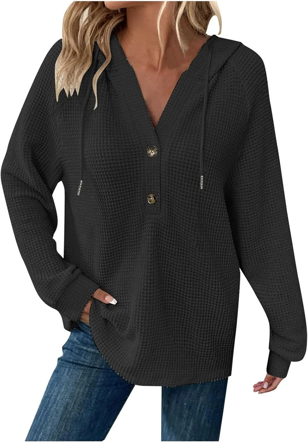 Hoodies for Women Waffle Knit Drawstring Button V Neck Long Sleeve Sweatshirt, Oversized Sweatshirt Hooded Tops