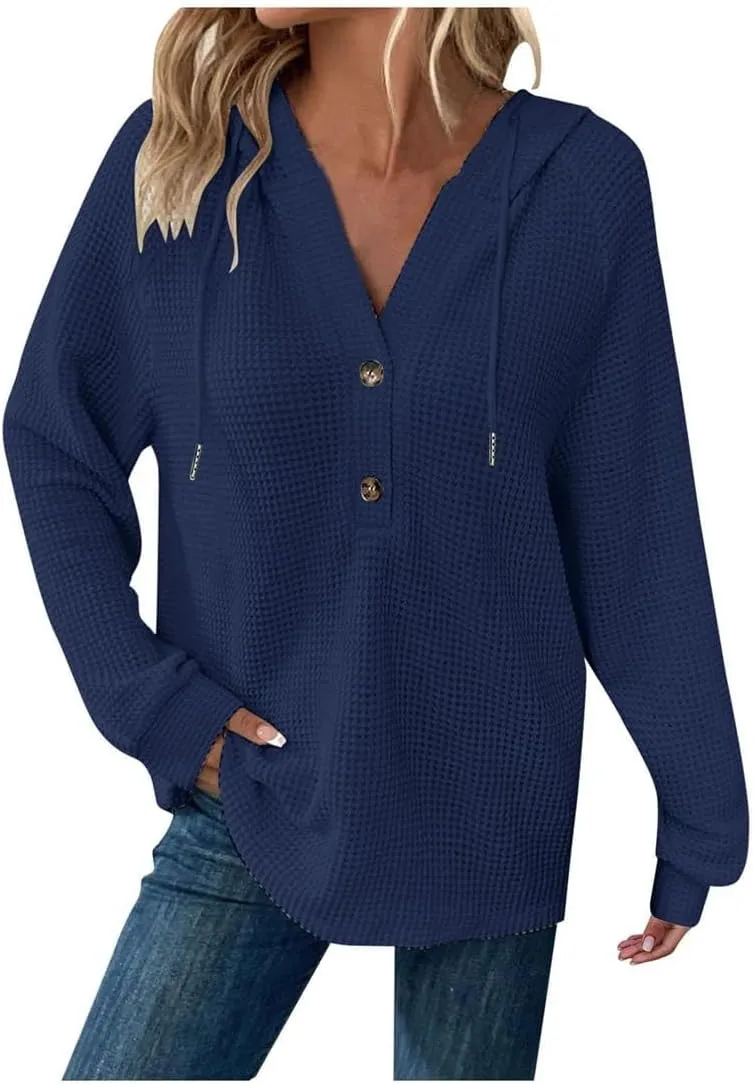 Hoodies for Women Waffle Knit Drawstring Button V Neck Long Sleeve Sweatshirt, Oversized Sweatshirt Hooded Tops