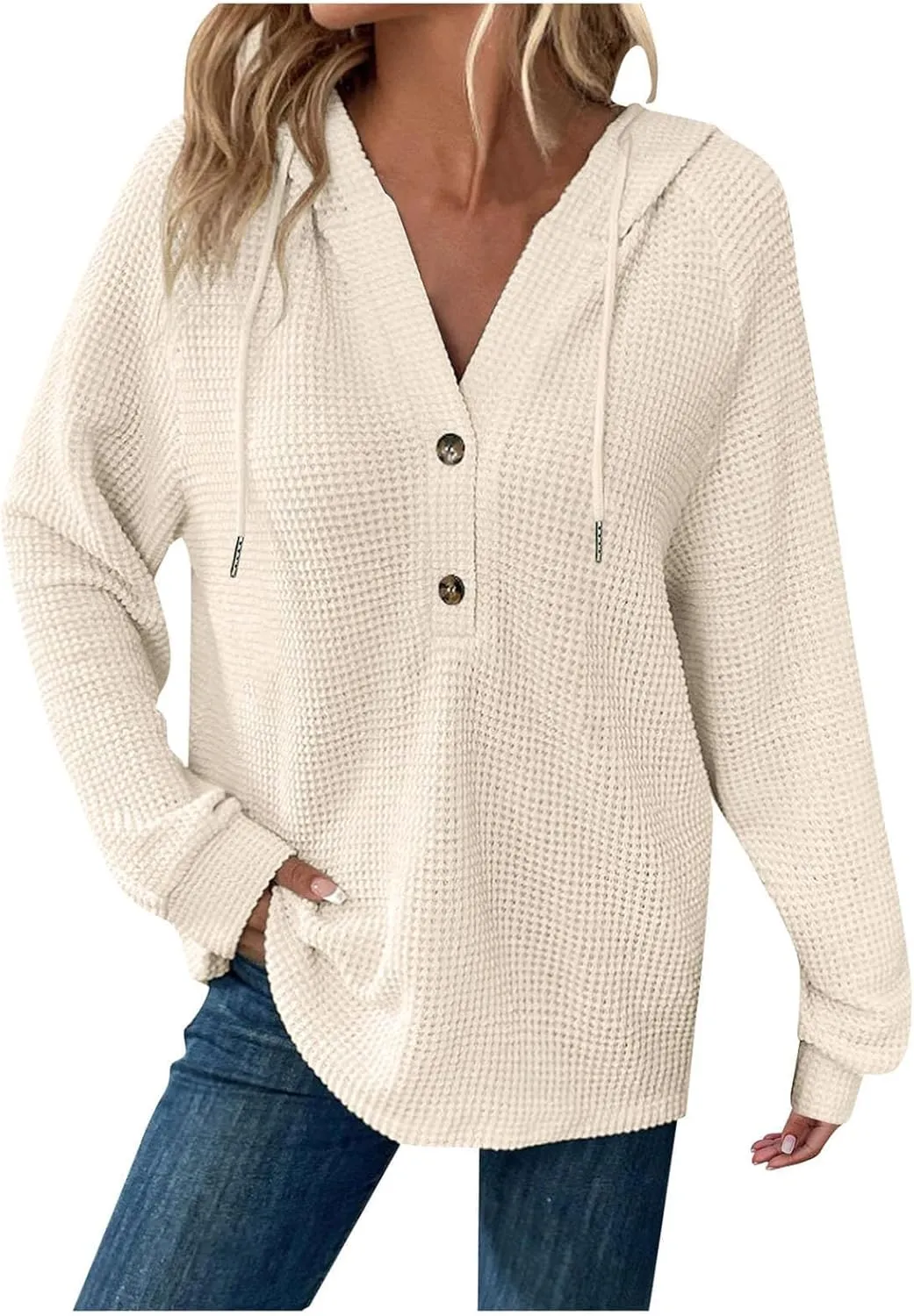 Hoodies for Women Waffle Knit Drawstring Button V Neck Long Sleeve Sweatshirt, Oversized Sweatshirt Hooded Tops