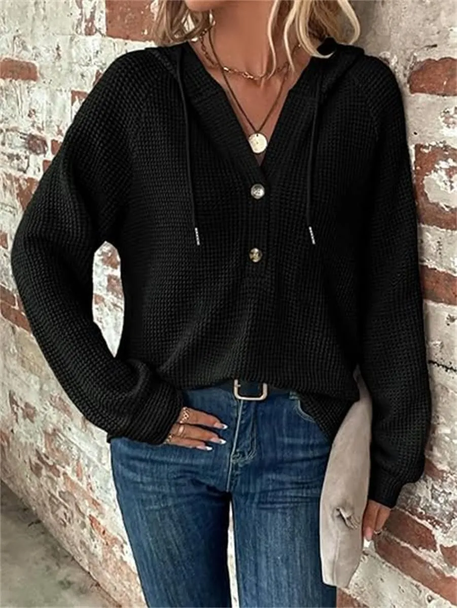 Hoodies for Women Waffle Knit Drawstring Button V Neck Long Sleeve Sweatshirt, Oversized Sweatshirt Hooded Tops