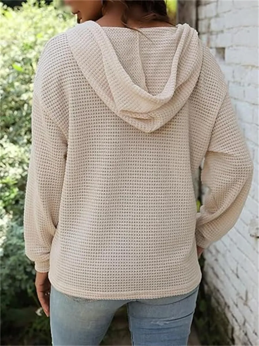 Hoodies for Women Waffle Knit Drawstring Button V Neck Long Sleeve Sweatshirt, Oversized Sweatshirt Hooded Tops