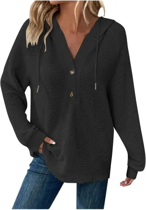 Hoodies for Women Waffle Knit Drawstring Button V Neck Long Sleeve Sweatshirt, Oversized Sweatshirt Hooded Tops