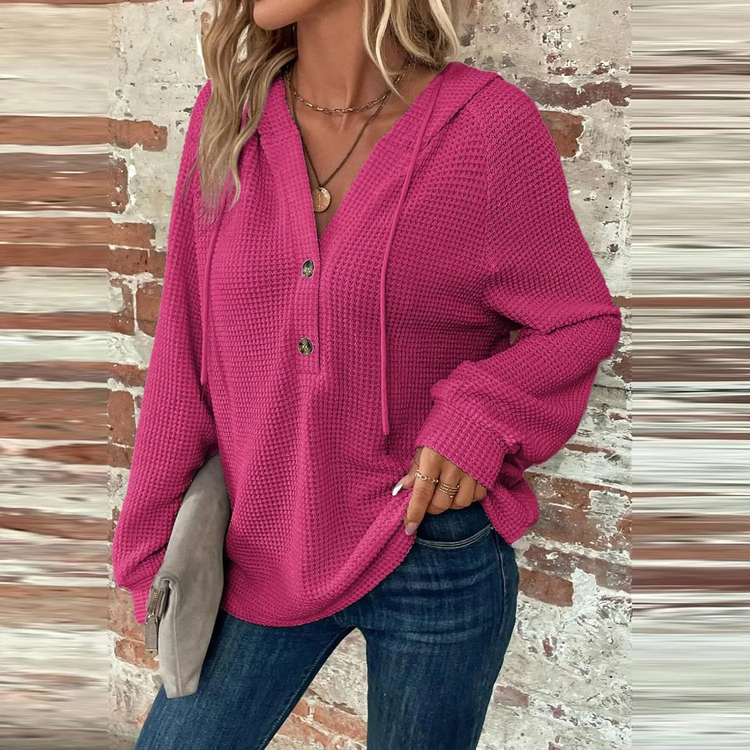 Hoodies for Women Waffle Knit Long Sleeve Drawstring Button V Neck Casual Pullover Sweatshirt Fall Hooded Tops