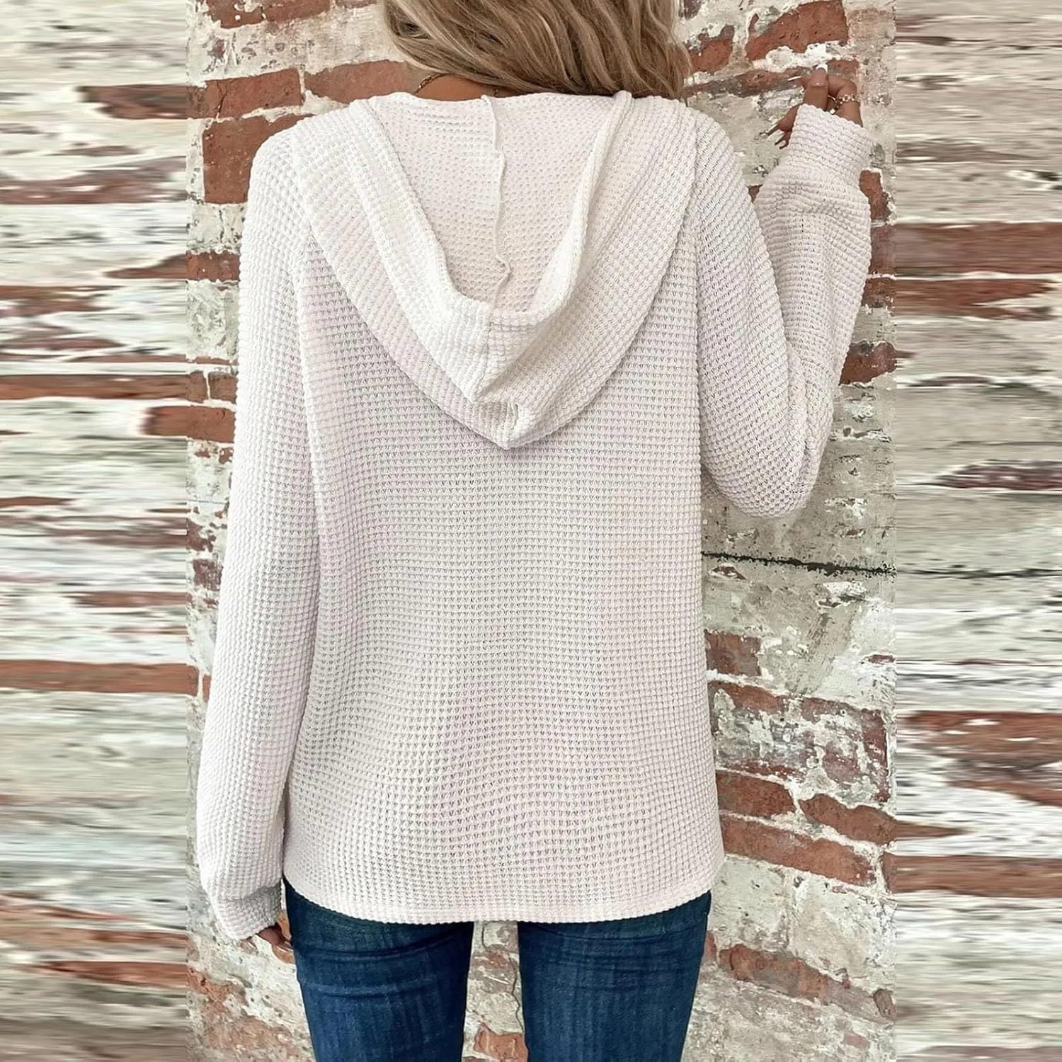 Hoodies for Women Waffle Knit Long Sleeve Drawstring Button V Neck Casual Pullover Sweatshirt Fall Hooded Tops