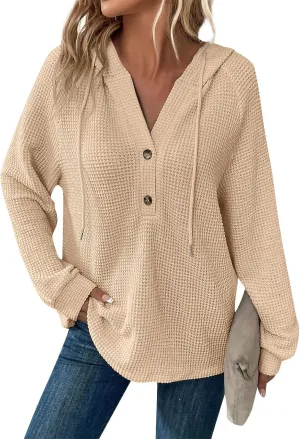 Hoodies for Women Waffle Knit Long Sleeve Drawstring Button V Neck Casual Pullover Sweatshirt Fall Hooded Tops