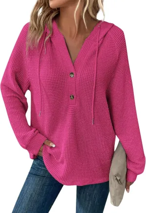 Hoodies for Women Waffle Knit Long Sleeve Drawstring Button V Neck Casual Pullover Sweatshirt Fall Hooded Tops