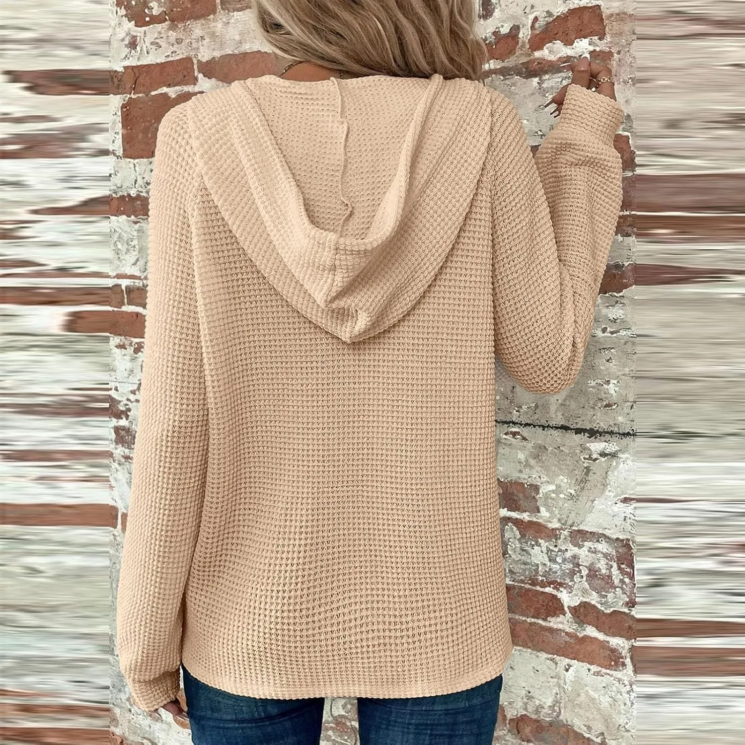 Hoodies for Women Waffle Knit Long Sleeve Drawstring Button V Neck Casual Pullover Sweatshirt Fall Hooded Tops