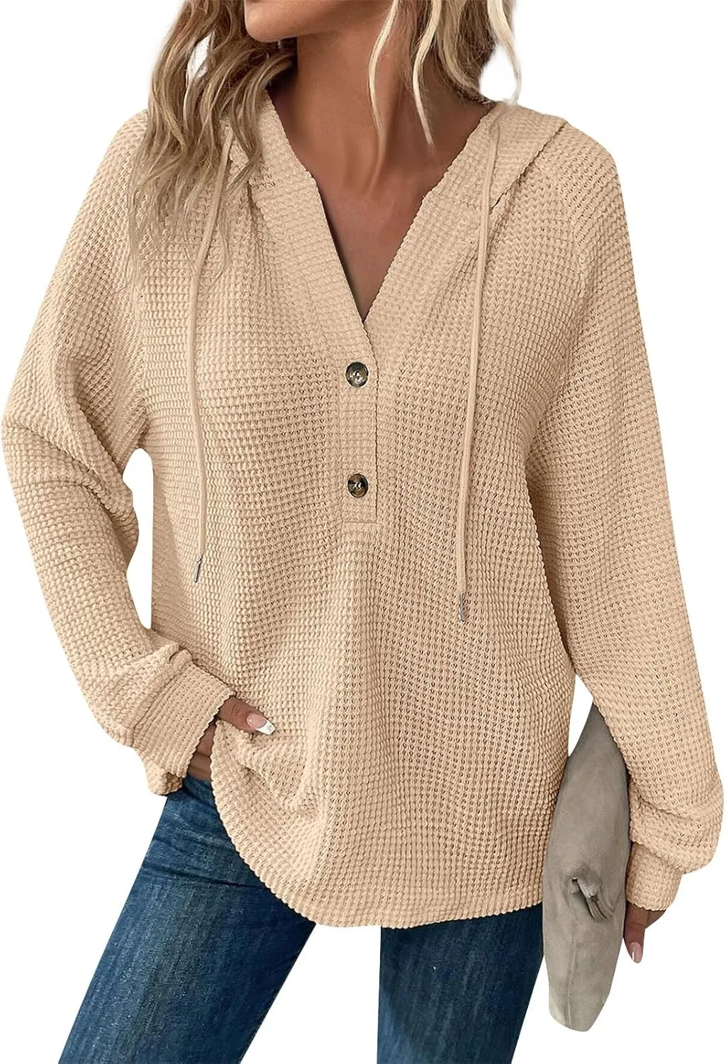 Hoodies for Women Waffle Knit Long Sleeve Drawstring Button V Neck Casual Pullover Sweatshirt Fall Hooded Tops