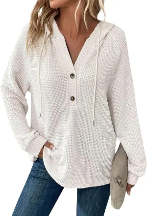 Hoodies for Women Waffle Knit Long Sleeve Drawstring Button V Neck Casual Pullover Sweatshirt Fall Hooded Tops