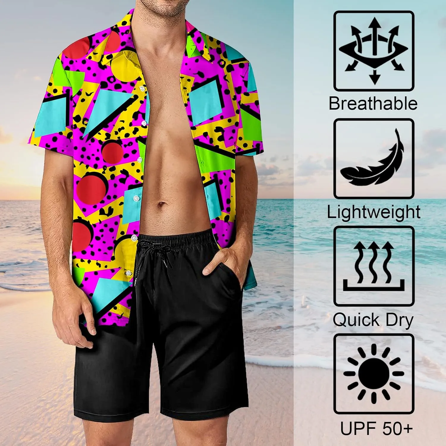 HUGLAZY 80s 90s Outfit Hawaiian Shirt for Men Big and Tall Short Sleeve Button Down Shirts Funny Party Outfit