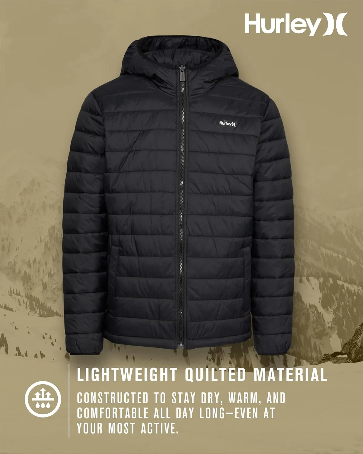 Hurley Men's Quilted Puffer Jacket - Lightweight Hooded Fleece Lined Packable Puffer Jacket - Outdoor Jackets for Men (S-XL)