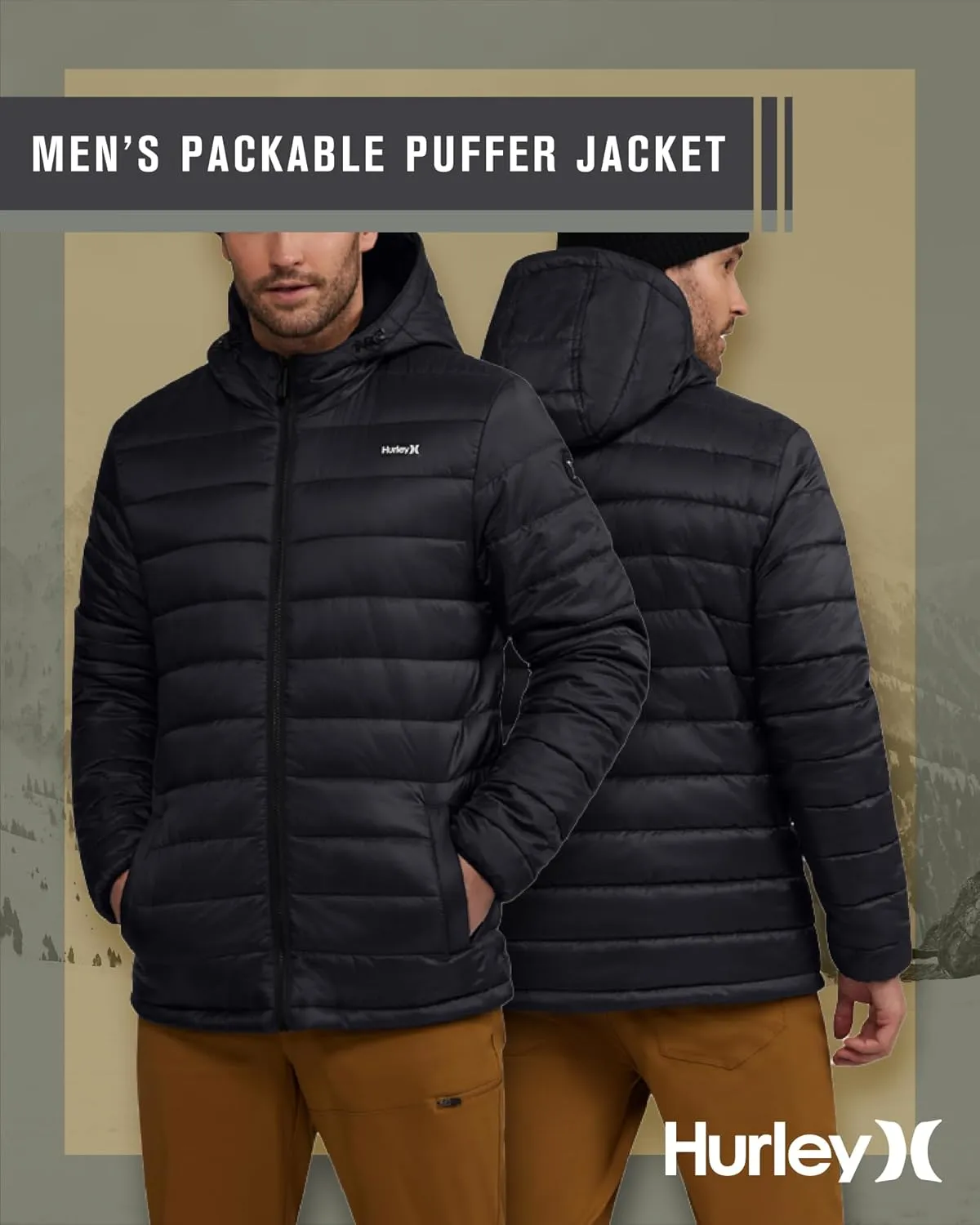 Hurley Men's Quilted Puffer Jacket - Lightweight Hooded Fleece Lined Packable Puffer Jacket - Outdoor Jackets for Men (S-XL)