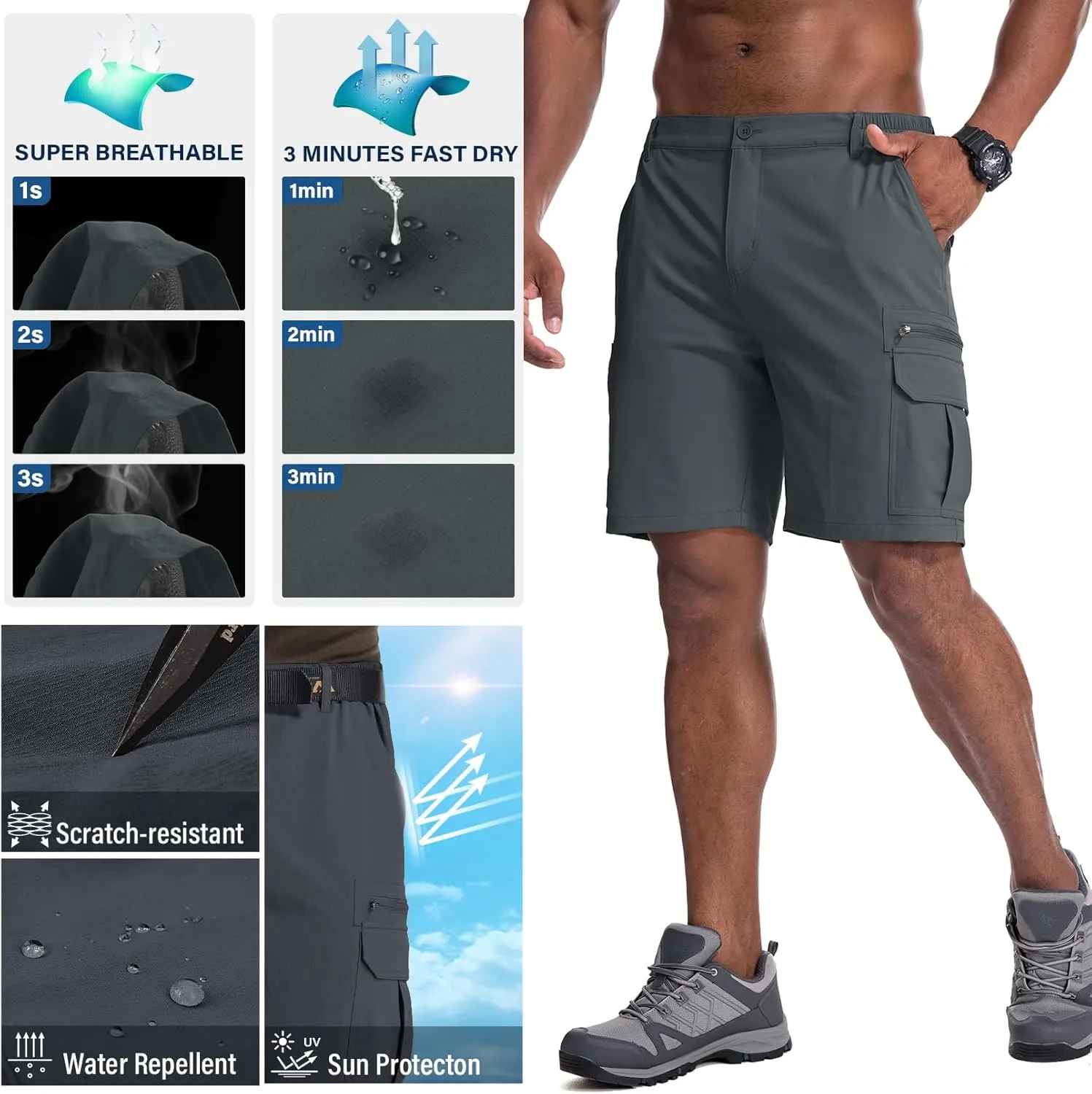 Jessie Kidden Mens Outdoor Casual Expandable Waist Lightweight Water Resistant Quick Dry Fishing Hiking Shorts