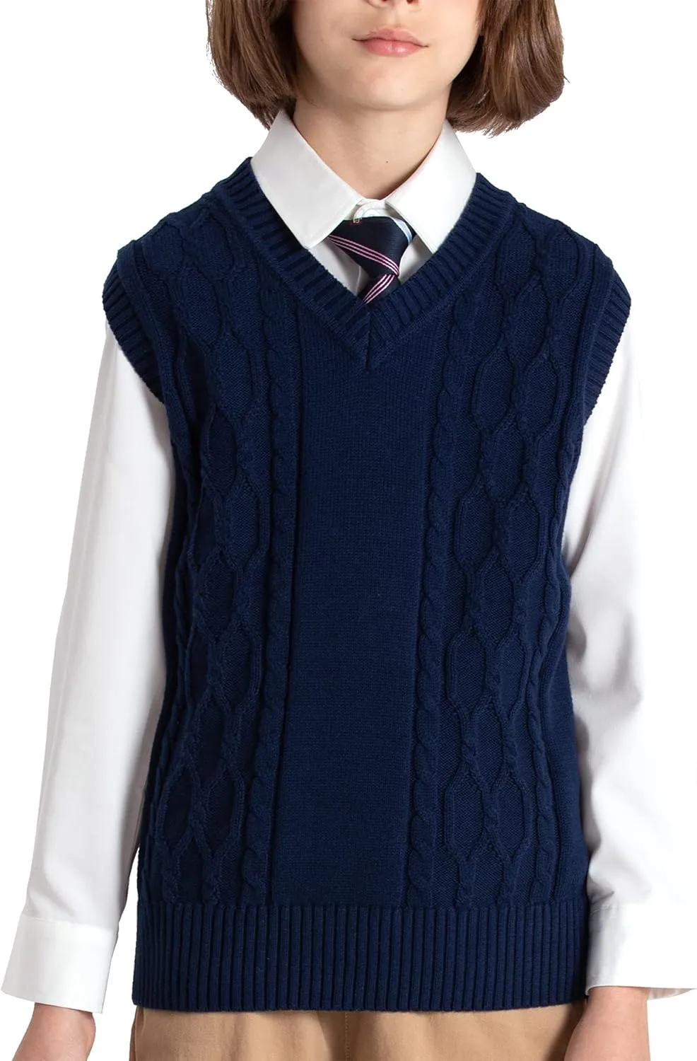 JSTEX Boys Sweater Vest 100% Cotton Kids Uniform Vest Girls V-Neck Sleeveless Knit Pullover for Size 4-14