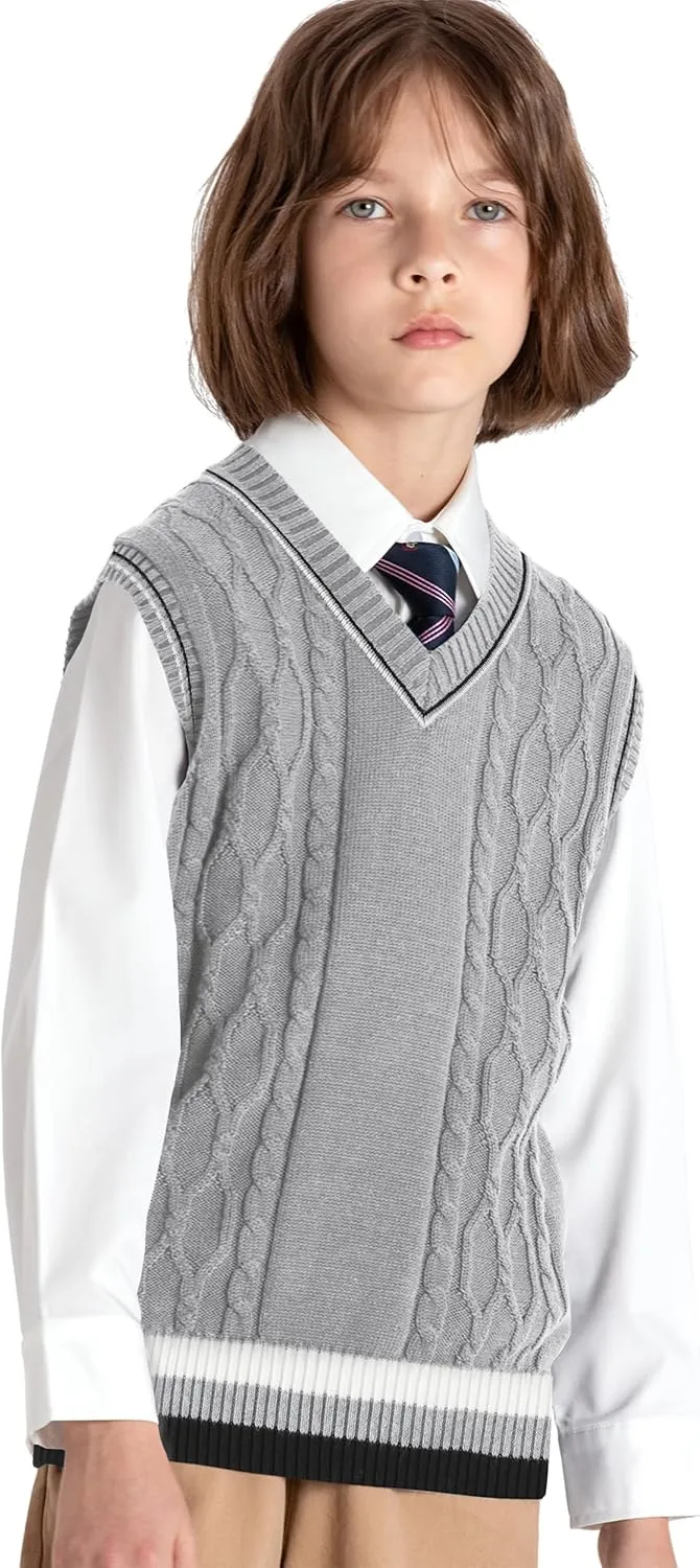JSTEX Boys Sweater Vest 100% Cotton Kids Uniform Vest Girls V-Neck Sleeveless Knit Pullover for Size 4-14