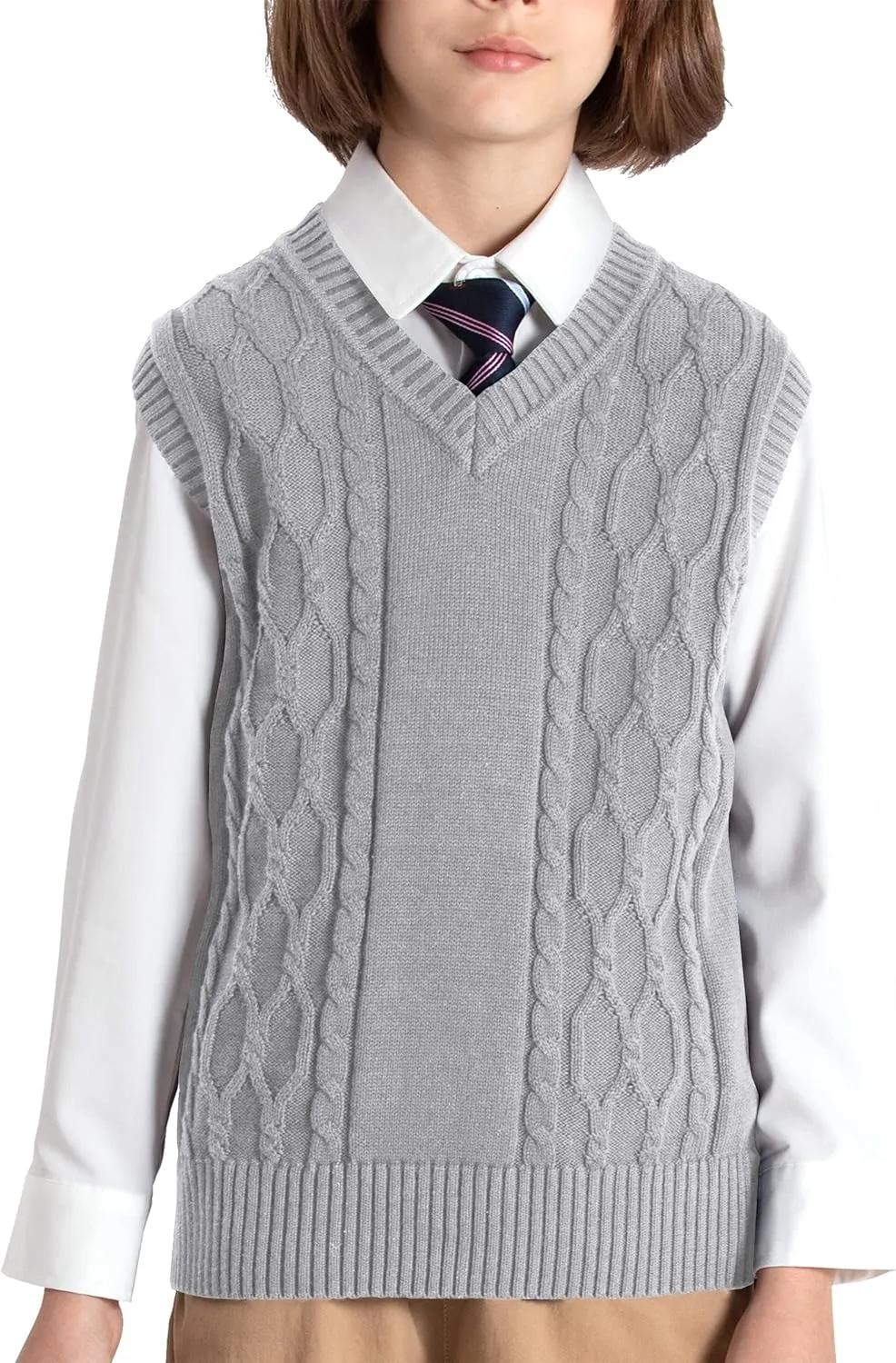 JSTEX Boys Sweater Vest 100% Cotton Kids Uniform Vest Girls V-Neck Sleeveless Knit Pullover for Size 4-14