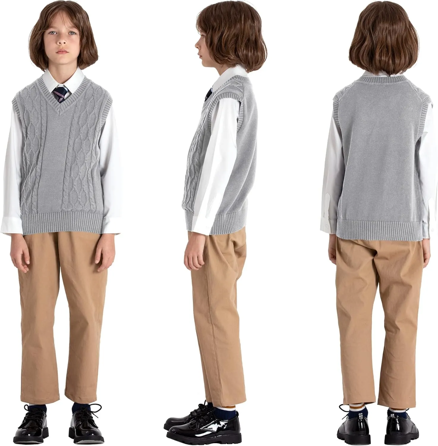 JSTEX Boys Sweater Vest 100% Cotton Kids Uniform Vest Girls V-Neck Sleeveless Knit Pullover for Size 4-14