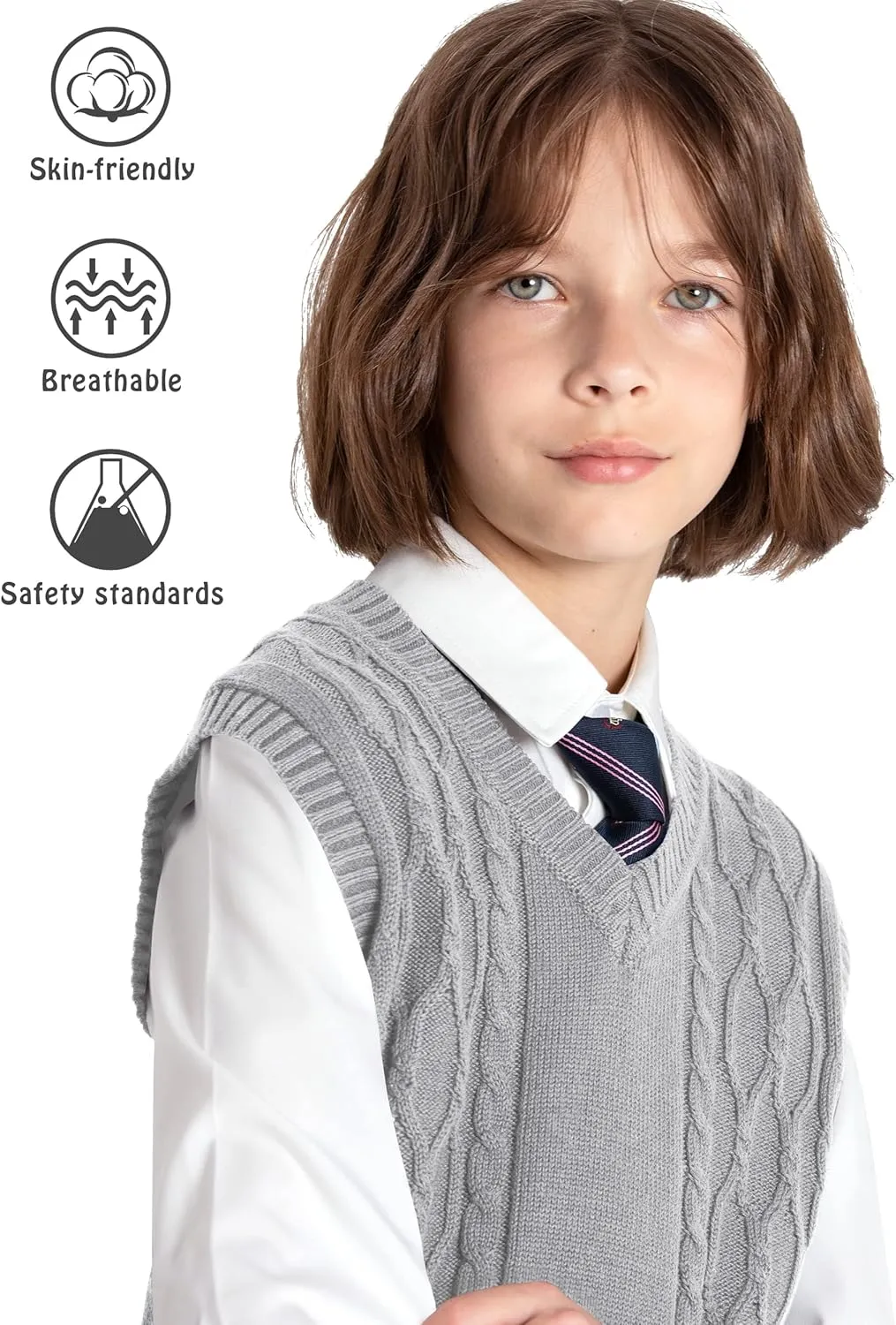 JSTEX Boys Sweater Vest 100% Cotton Kids Uniform Vest Girls V-Neck Sleeveless Knit Pullover for Size 4-14