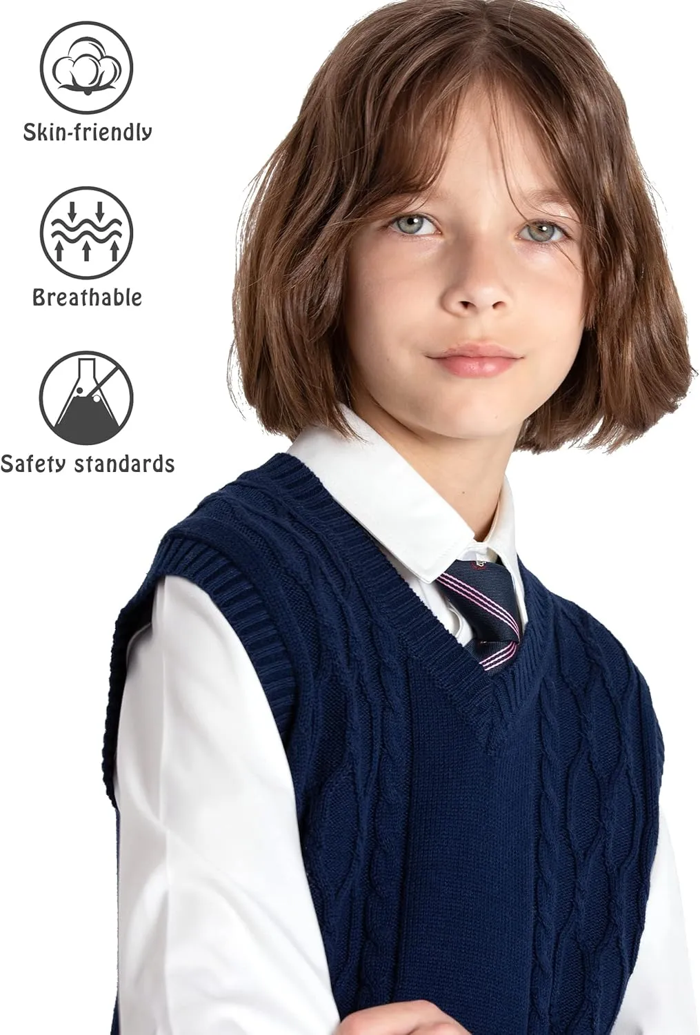 JSTEX Boys Sweater Vest 100% Cotton Kids Uniform Vest Girls V-Neck Sleeveless Knit Pullover for Size 4-14