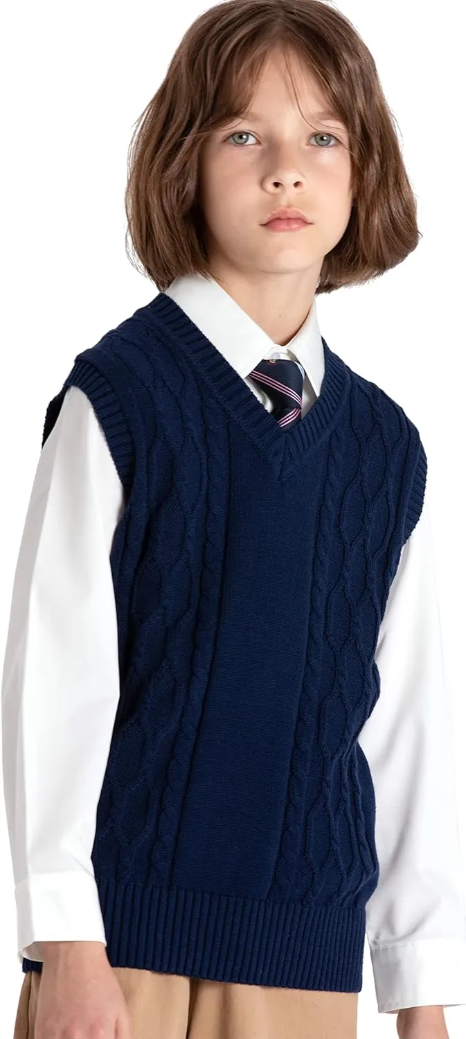 JSTEX Boys Sweater Vest 100% Cotton Kids Uniform Vest Girls V-Neck Sleeveless Knit Pullover for Size 4-14