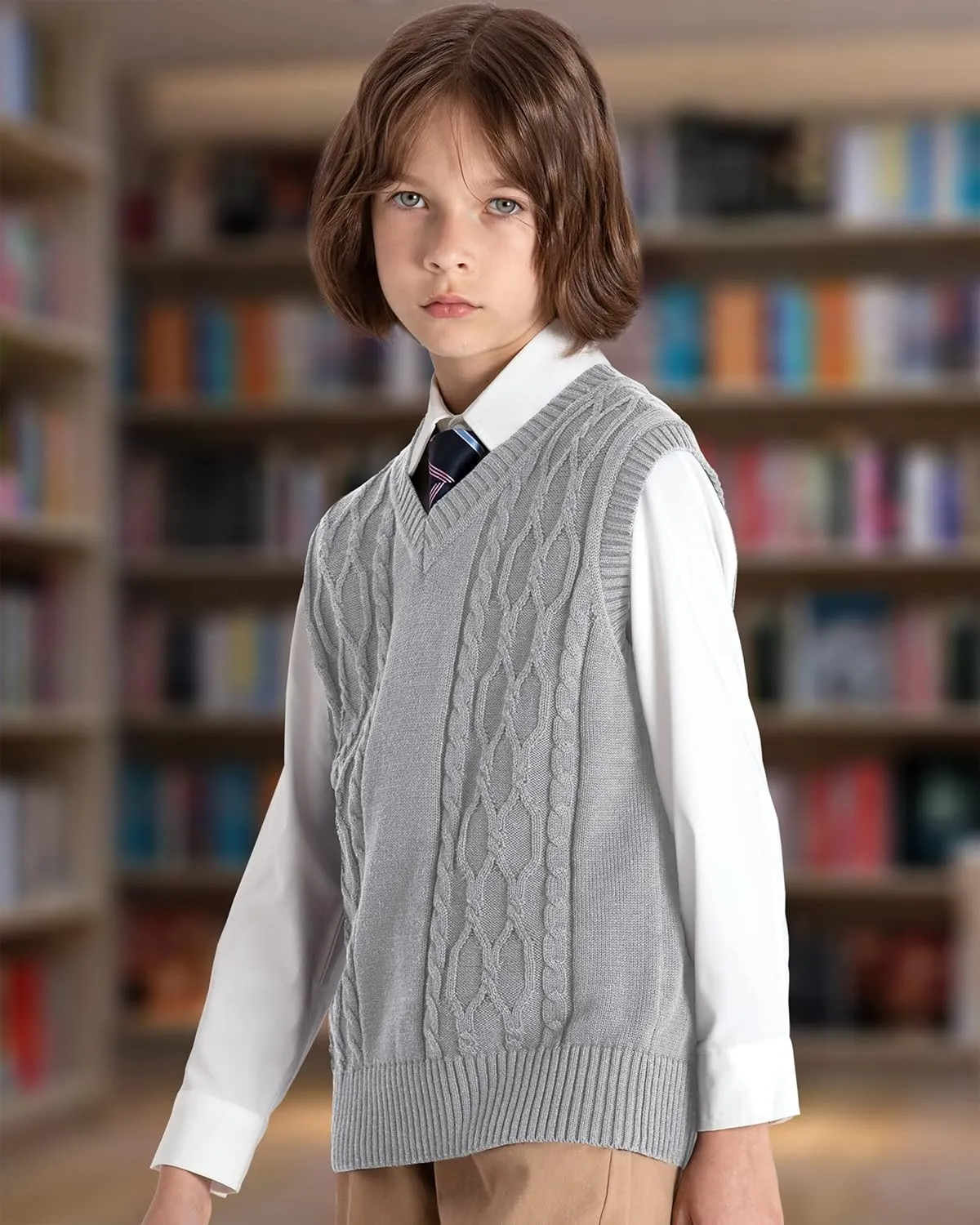JSTEX Boys Sweater Vest 100% Cotton Kids Uniform Vest Girls V-Neck Sleeveless Knit Pullover for Size 4-14