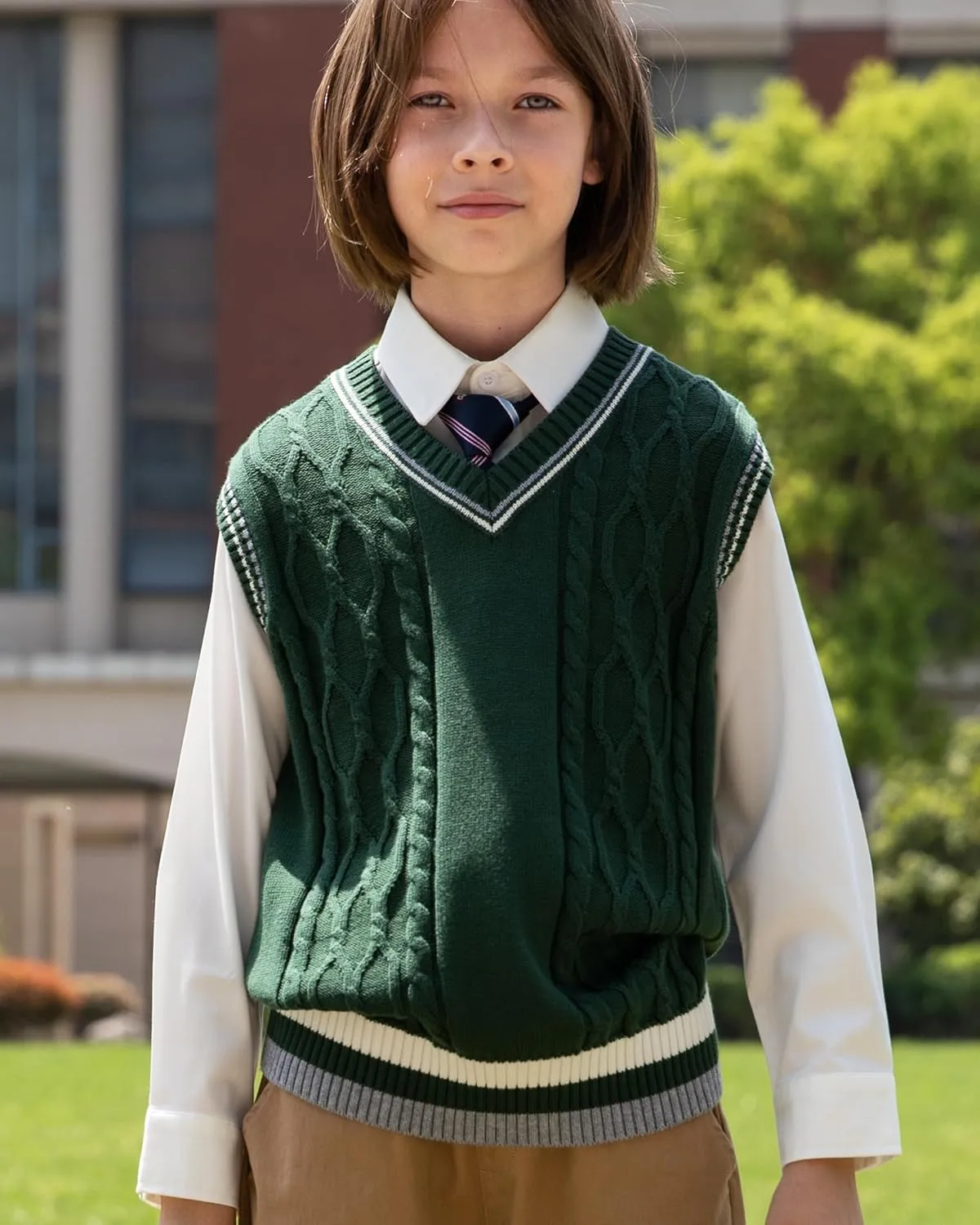 JSTEX Boys Sweater Vest 100% Cotton Kids Uniform Vest Girls V-Neck Sleeveless Knit Pullover for Size 4-14