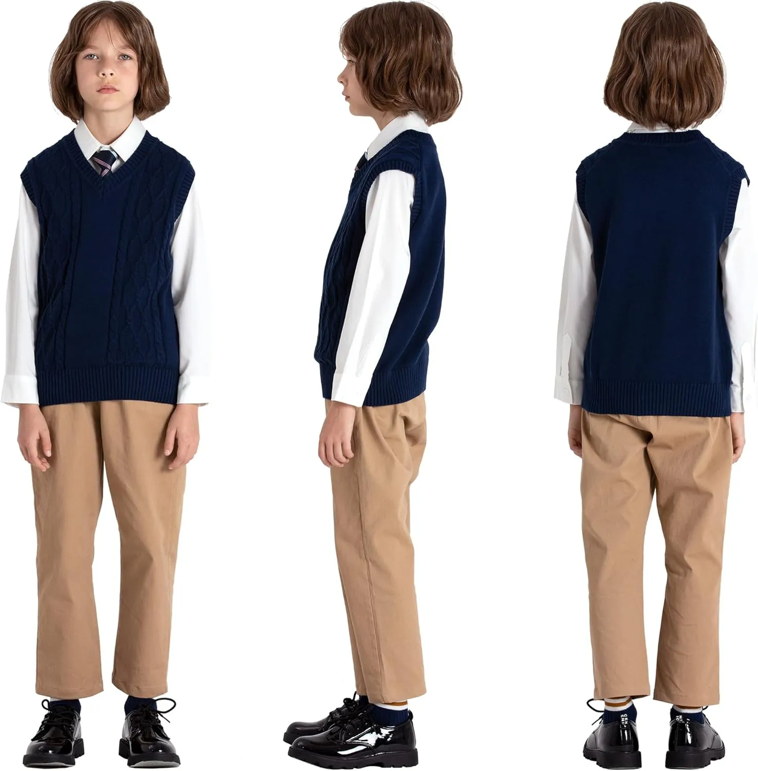 JSTEX Boys Sweater Vest 100% Cotton Kids Uniform Vest Girls V-Neck Sleeveless Knit Pullover for Size 4-14