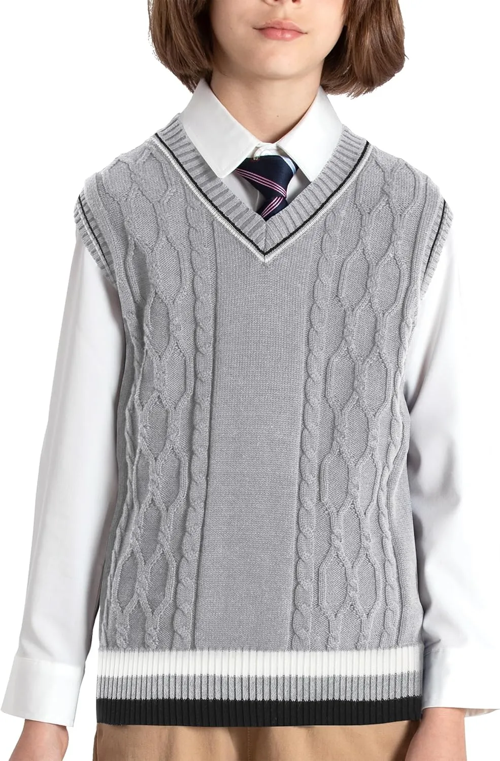 JSTEX Boys Sweater Vest 100% Cotton Kids Uniform Vest Girls V-Neck Sleeveless Knit Pullover for Size 4-14