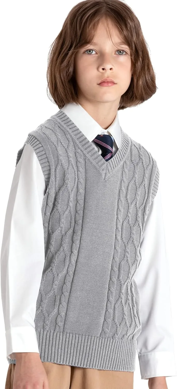 JSTEX Boys Sweater Vest 100% Cotton Kids Uniform Vest Girls V-Neck Sleeveless Knit Pullover for Size 4-14