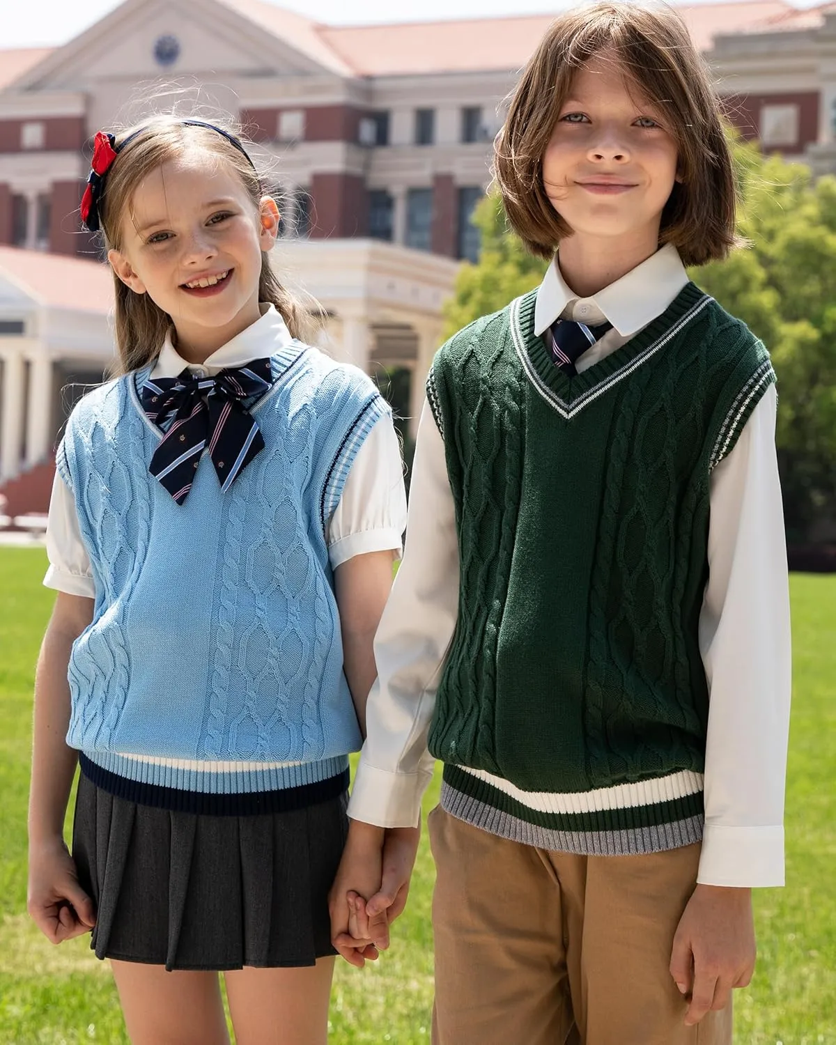 JSTEX Boys Sweater Vest 100% Cotton Kids Uniform Vest Girls V-Neck Sleeveless Knit Pullover for Size 4-14