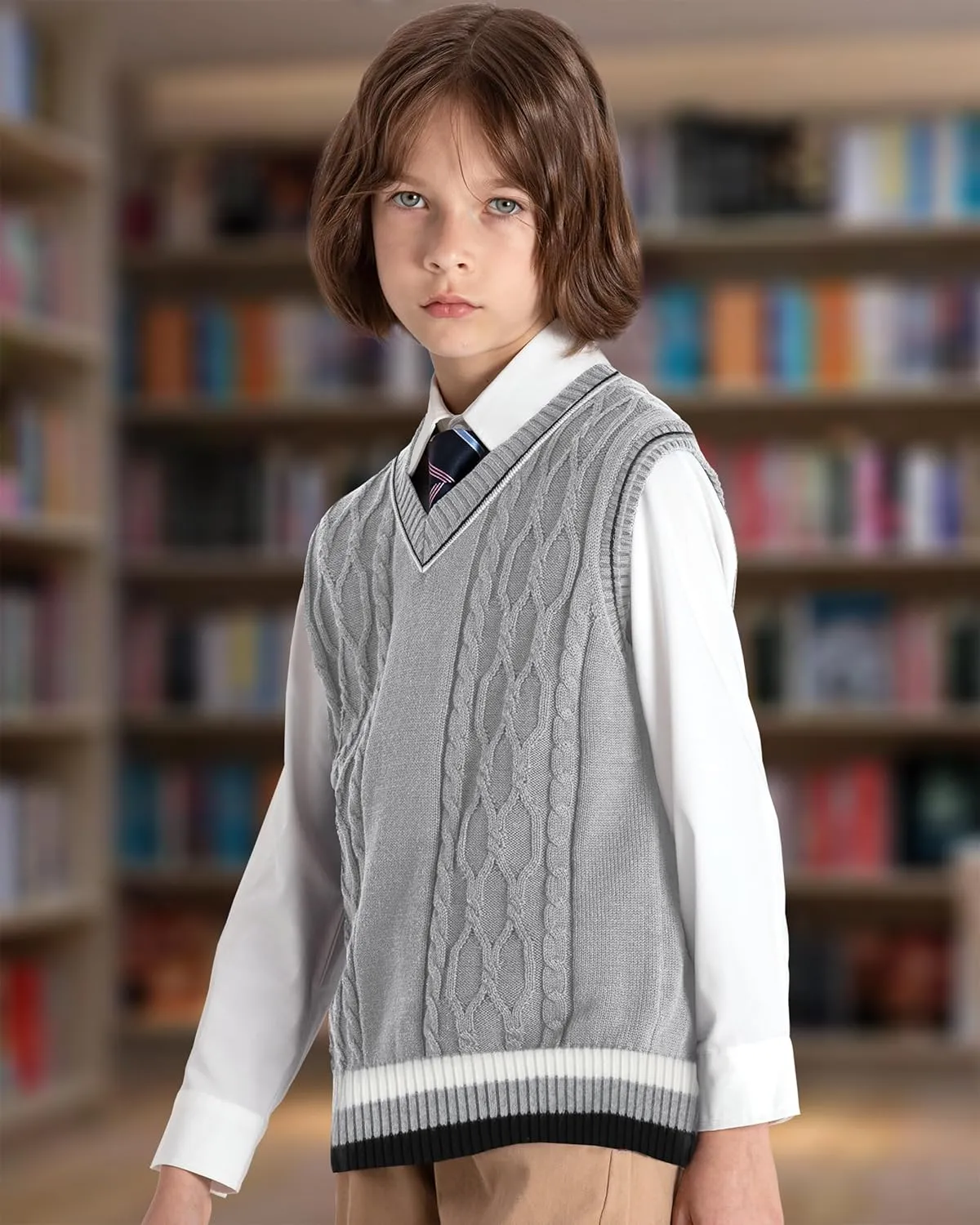 JSTEX Boys Sweater Vest 100% Cotton Kids Uniform Vest Girls V-Neck Sleeveless Knit Pullover for Size 4-14
