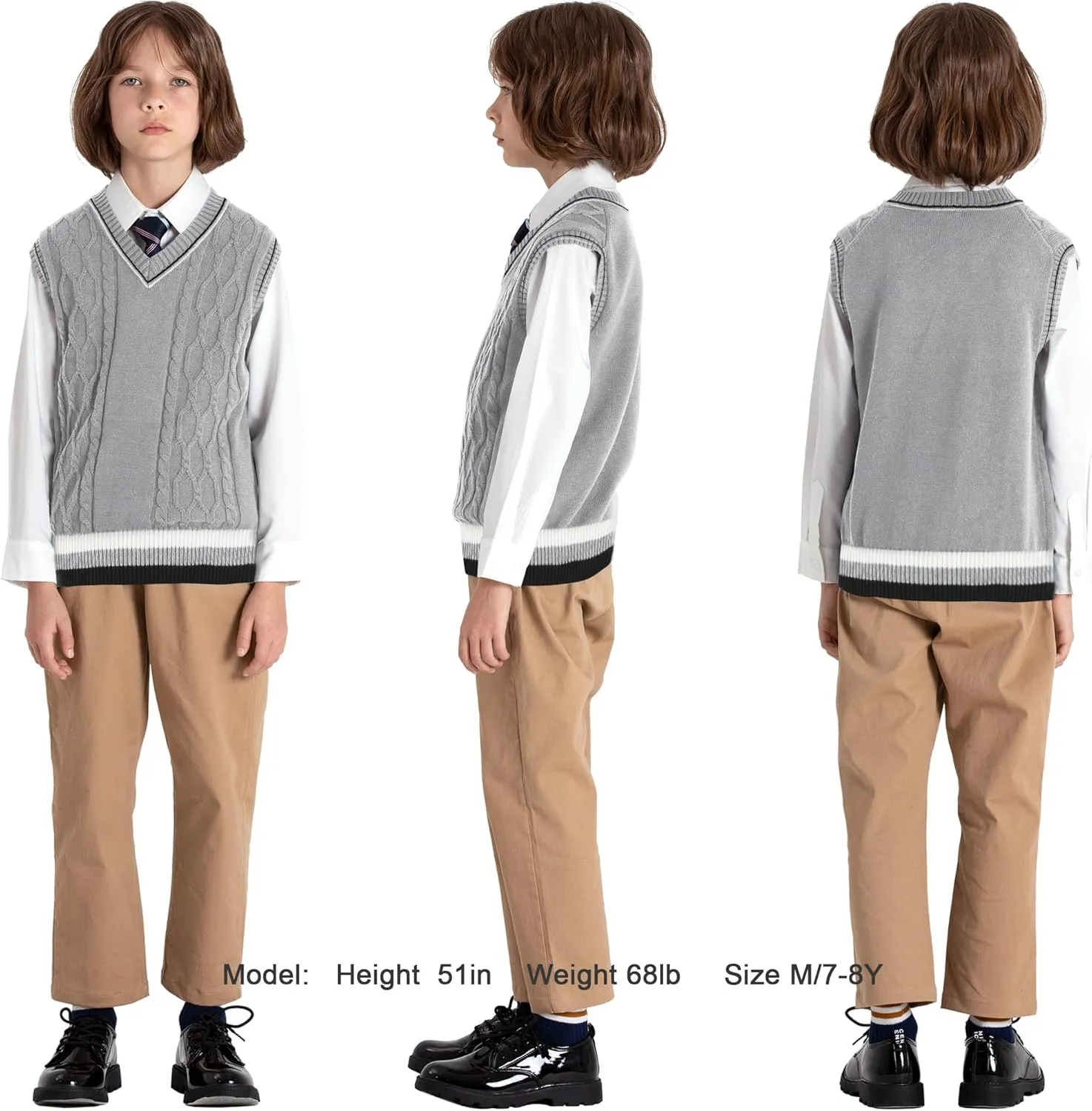 JSTEX Boys Sweater Vest 100% Cotton Kids Uniform Vest Girls V-Neck Sleeveless Knit Pullover for Size 4-14