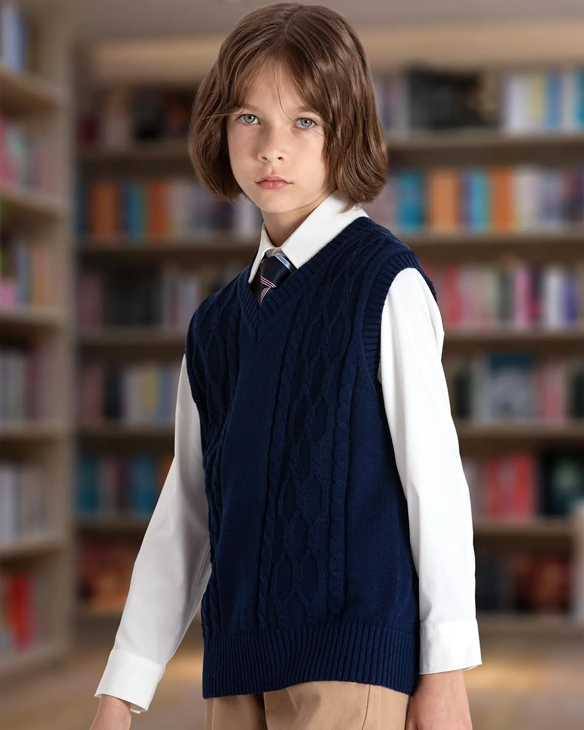 JSTEX Boys Sweater Vest 100% Cotton Kids Uniform Vest Girls V-Neck Sleeveless Knit Pullover for Size 4-14