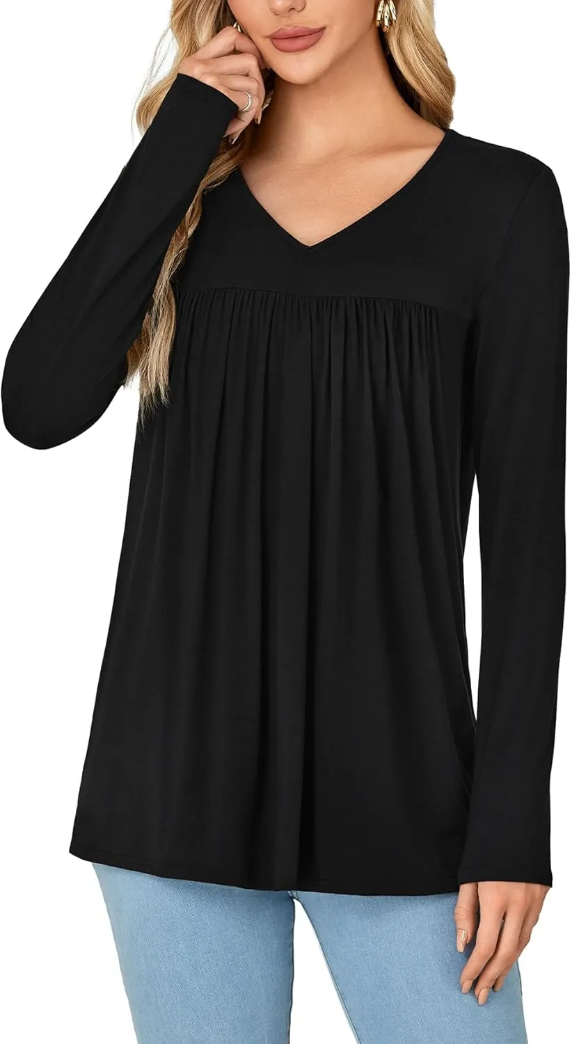 KIFOVEN Womens Casual Tunic Top Long Sleeve V Neck Pleated Dressy Tees Flora Printed T Shirt