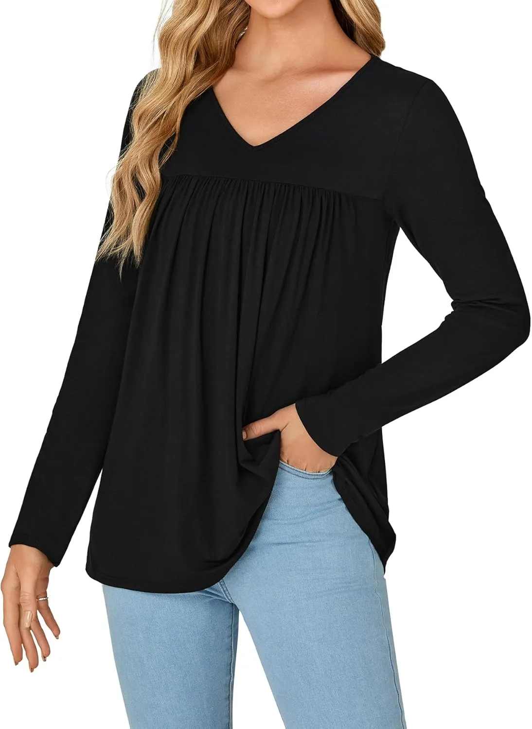 KIFOVEN Womens Casual Tunic Top Long Sleeve V Neck Pleated Dressy Tees Flora Printed T Shirt