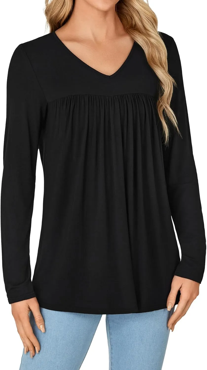 KIFOVEN Womens Casual Tunic Top Long Sleeve V Neck Pleated Dressy Tees Flora Printed T Shirt