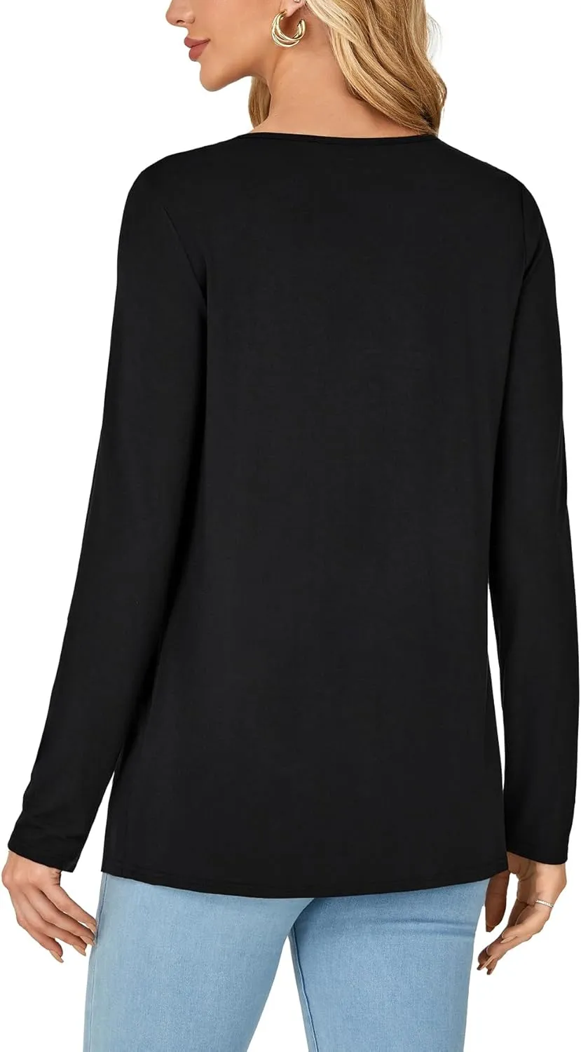 KIFOVEN Womens Casual Tunic Top Long Sleeve V Neck Pleated Dressy Tees Flora Printed T Shirt