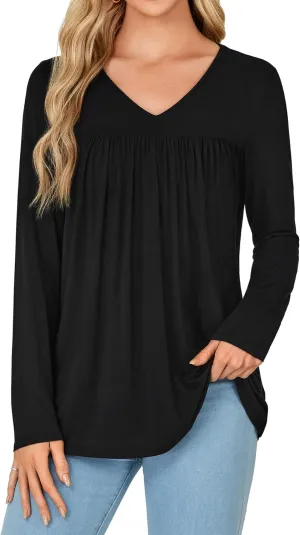 KIFOVEN Womens Casual Tunic Top Long Sleeve V Neck Pleated Dressy Tees Flora Printed T Shirt