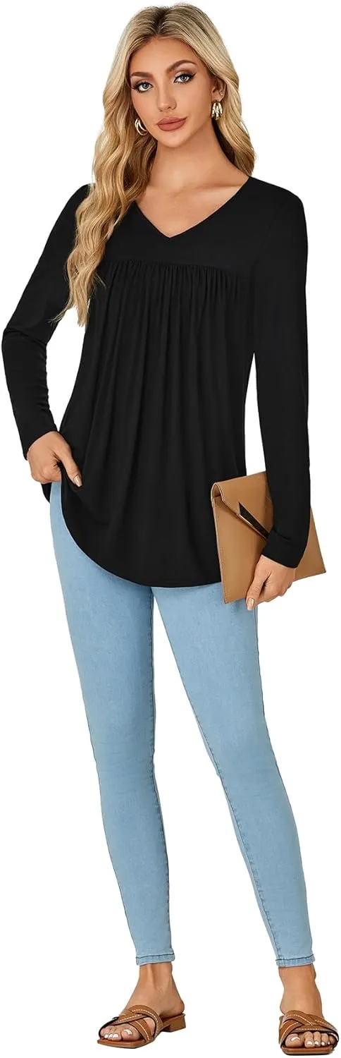 KIFOVEN Womens Casual Tunic Top Long Sleeve V Neck Pleated Dressy Tees Flora Printed T Shirt