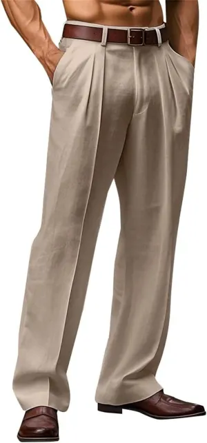Linen Dress Pants Men Plain Front Pleated Pant Summer Outdoor Vacation Beach Lightweight Trousers Open Bottom Slacks