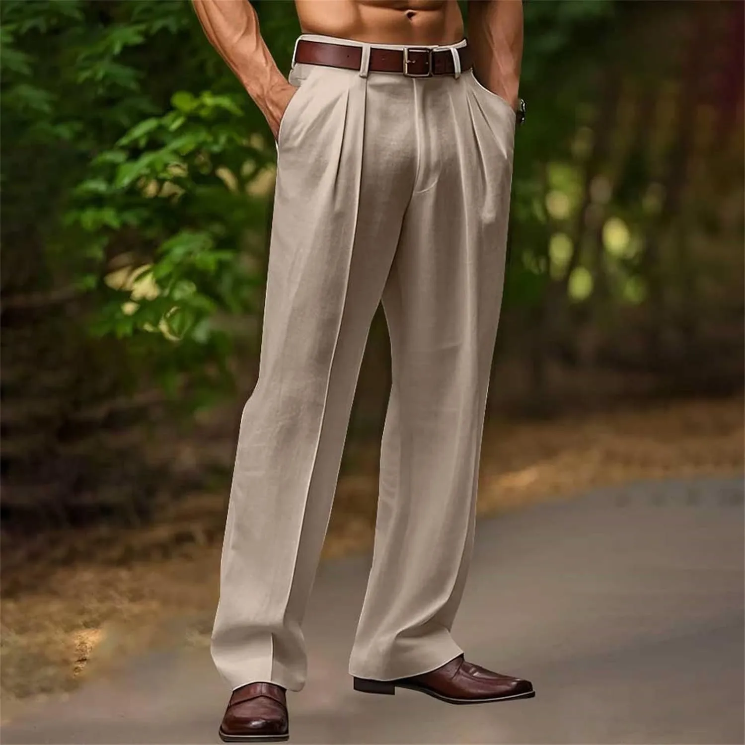 Linen Dress Pants Men Plain Front Pleated Pant Summer Outdoor Vacation Beach Lightweight Trousers Open Bottom Slacks