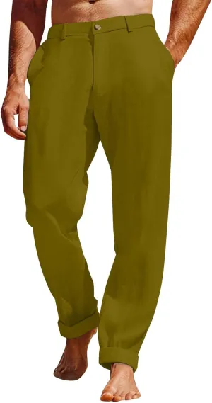 Linen Pants for Men Lightweight Beach Casual Yoga Pants Summer Vacation Hawaiian Slacks Plain Straight Leg Trousers