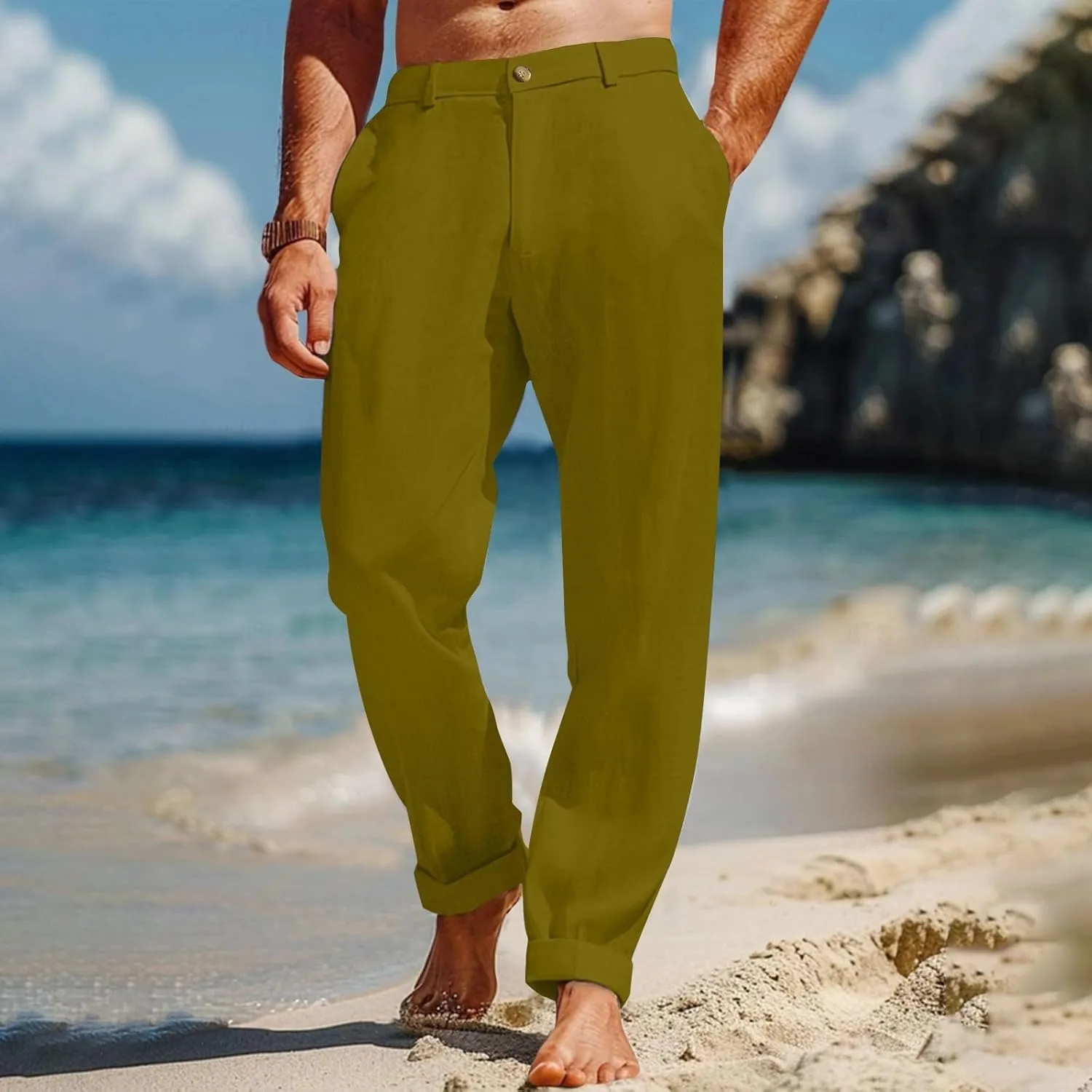 Linen Pants for Men Lightweight Beach Casual Yoga Pants Summer Vacation Hawaiian Slacks Plain Straight Leg Trousers