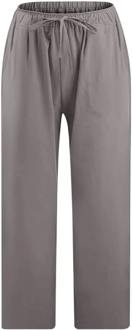 Linen Pants Women 2024 Summer Trendy Straight Leg Capri Pants Elastic Waist High Waisted Trousers with Pocket