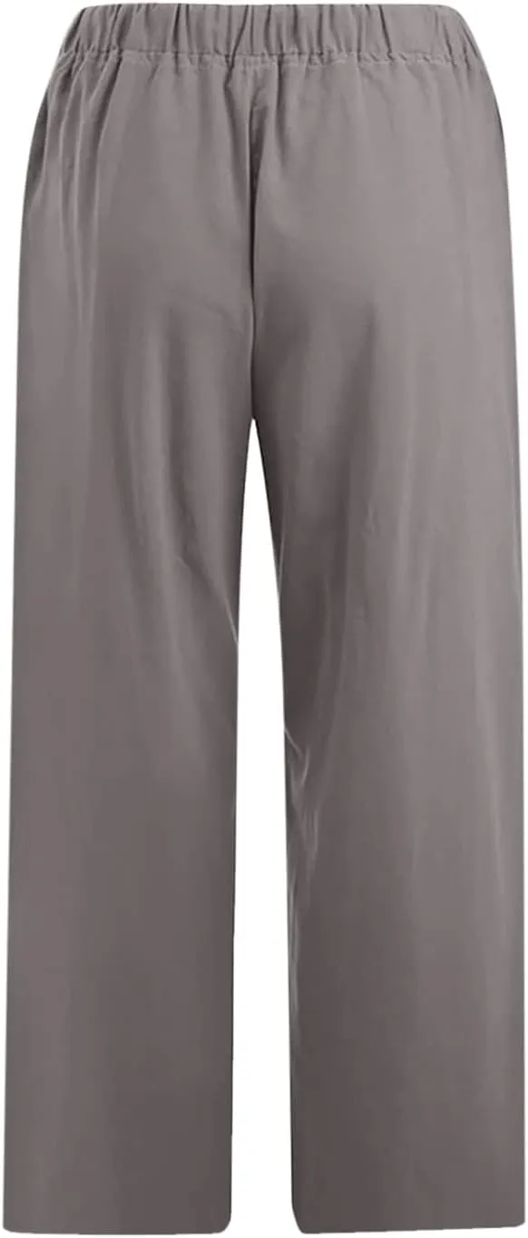 Linen Pants Women 2024 Summer Trendy Straight Leg Capri Pants Elastic Waist High Waisted Trousers with Pocket