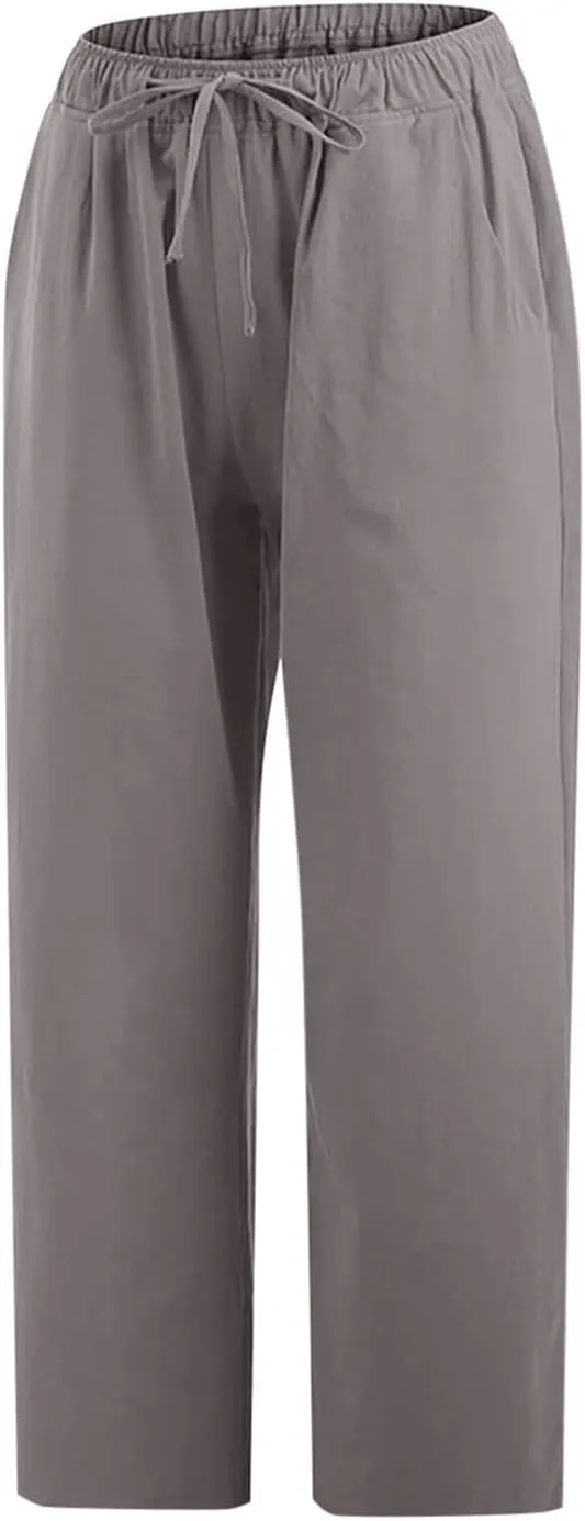 Linen Pants Women 2024 Summer Trendy Straight Leg Capri Pants Elastic Waist High Waisted Trousers with Pocket