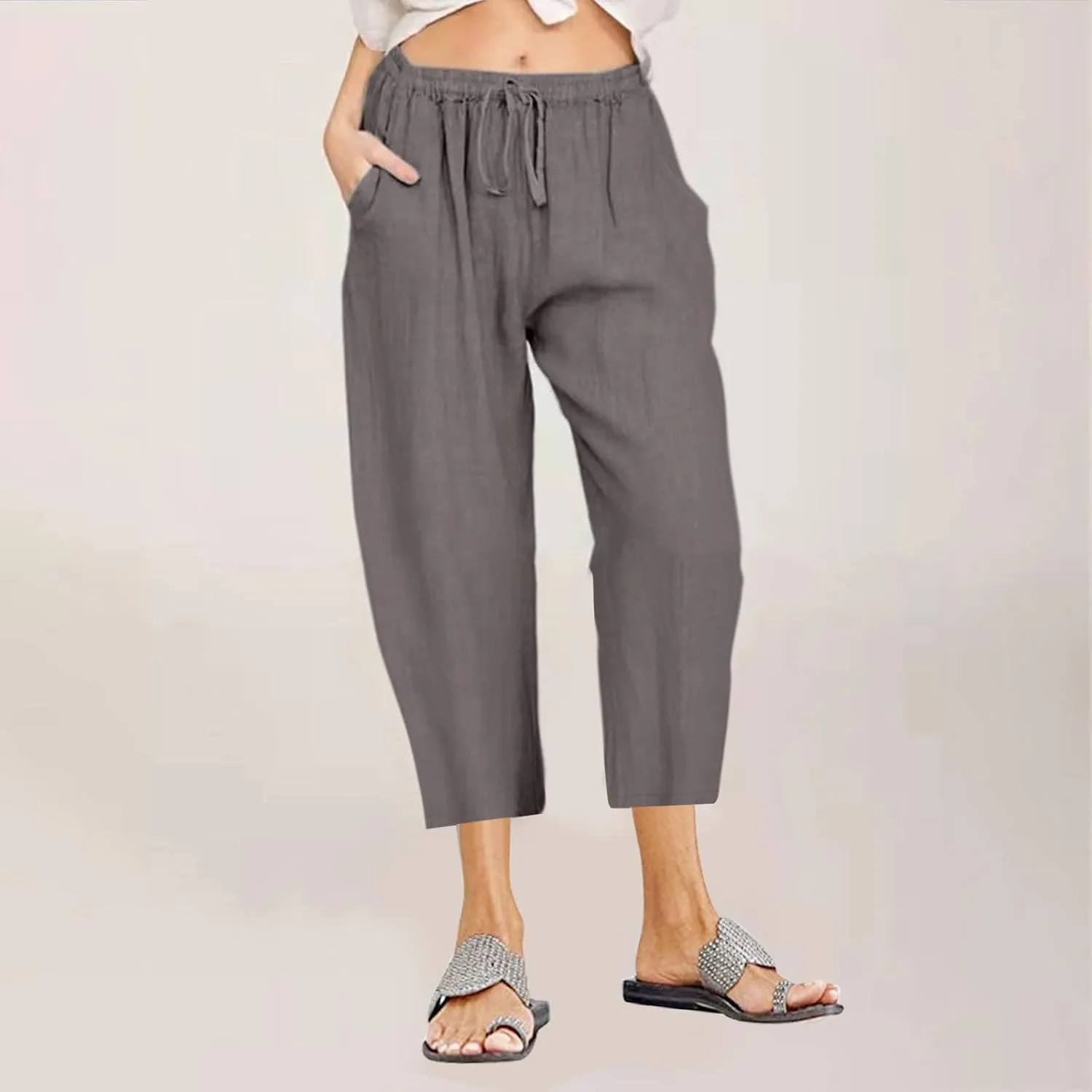 Linen Pants Women 2024 Summer Trendy Straight Leg Capri Pants Elastic Waist High Waisted Trousers with Pocket