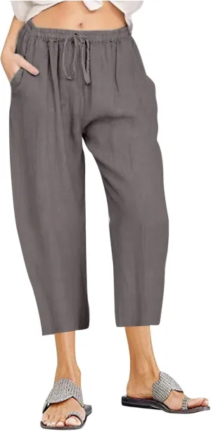Linen Pants Women 2024 Summer Trendy Straight Leg Capri Pants Elastic Waist High Waisted Trousers with Pocket